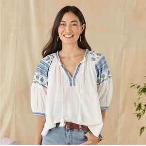 Alamwar Melba Blouse by Sundance Embroidered White Blue Women Sz Large